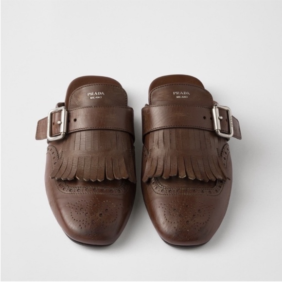 Prada Shoes - Like new PRADA Brown Leather Fringed Shuffle Mules $1,250 36
